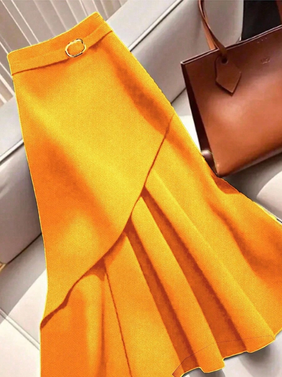 GlowEve Women's Elegant Solid Color Mermaid Hem Skirt, Suitable For Commuting - Yellow - View 1
