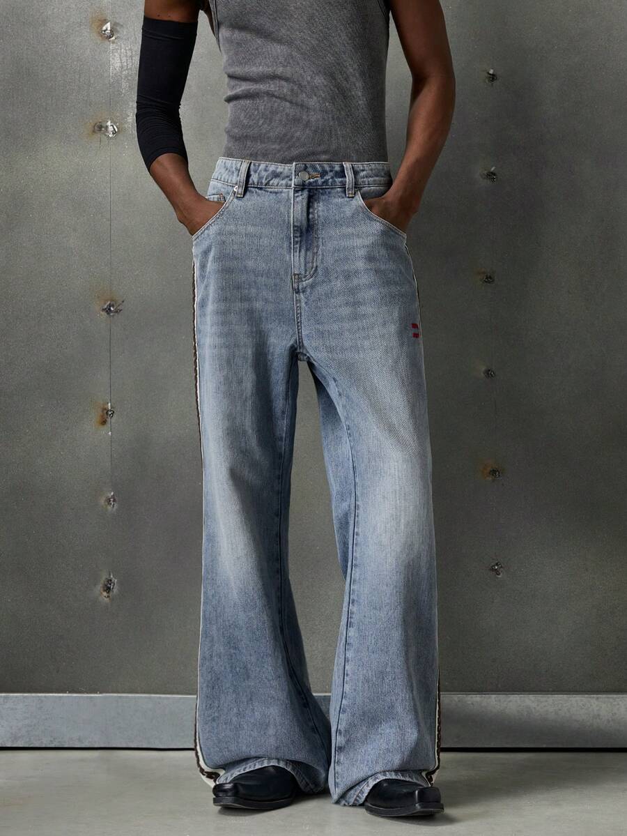 NEON BLANC Men's Loose Casual Washed Flared Jeans With Pockets - Blue - View 1