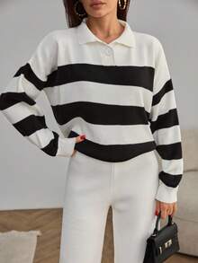 EURMUSE 条纹花卉印花翻领休闲女式上衣和阔腿毛衣裤，2 件针织装适合休闲风格 - 黑與白 - 查看 3