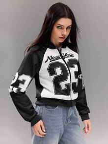 Teen GirlCasual Brand Knitted Digital Positioning Letter Hooded Raglan Sleeve Positioning Star American Retro Versatile Patchwork Zip-Up Jacket - Multicolor - View 4