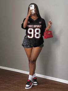 Slaydiva Casual Minimalist Letter & Number Graphic Women T-Shirt, Suitable For Summer