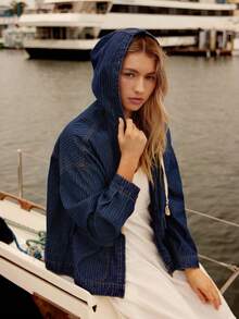 WESTFADE Zipper Front Patch Pockets Oversized Cotton Blend Denim Hooded Jacket Fall, Autumn, Winter, Casual, Cute - Dark Wash - View 5