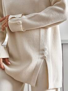 EURMUSE Minimalist Casual Ribbed Knit Long Sleeve Side Slit Tunic Sweater Button Cuff Detail, Modest Pullover Top, Knitwear For Women, Lounge Cream Autumn - Beige - View 3