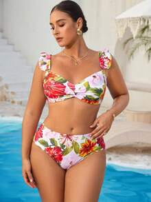 Swim Vcay Bikini đi biển thường ngày họa tiết hoa cỡ lớn cho nữ 2 mảnh cắt thấp có dây đeo có thể điều chỉnh - trắng - Xem 5