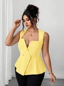 Elenzga Blusa sin mangas de unicolor elegante para tallas grandes con cuello en V - amarillo ganso - Ver 6