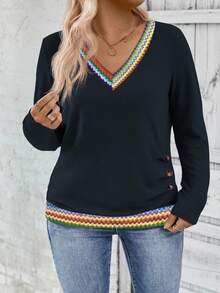 EMERY ROSE Camiseta de manga larga con cuello en V, estampado de rayas de colores y parches, talla grande para mujer, nueva llegada para otoño/invierno - Azul Marino - Ver 5