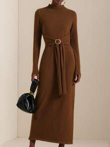 Lyxana Women's Solid Color Ribbed Stand Collar Long Sleeve Metal Ring Decor Sweater Dress - Coffee Brown - View 4