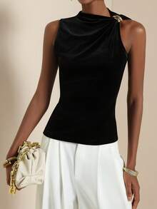 SHEIN Veneréa Blusa asimétrica de mujer de unicolor de terciopelo + hebilla de metal