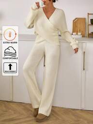 EURMUSE Set di pullover e pantaloni da donna con scollo a V asimmetrico