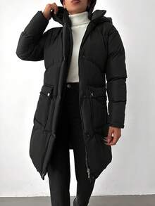 EURMUSE Flap Pocket Hooded Puffer Coat - Black - View 5