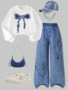 Sparklyn Girls White Sweatshirt & Denim Pants With Bow, Autumn/Winter - Blue and White - View 1