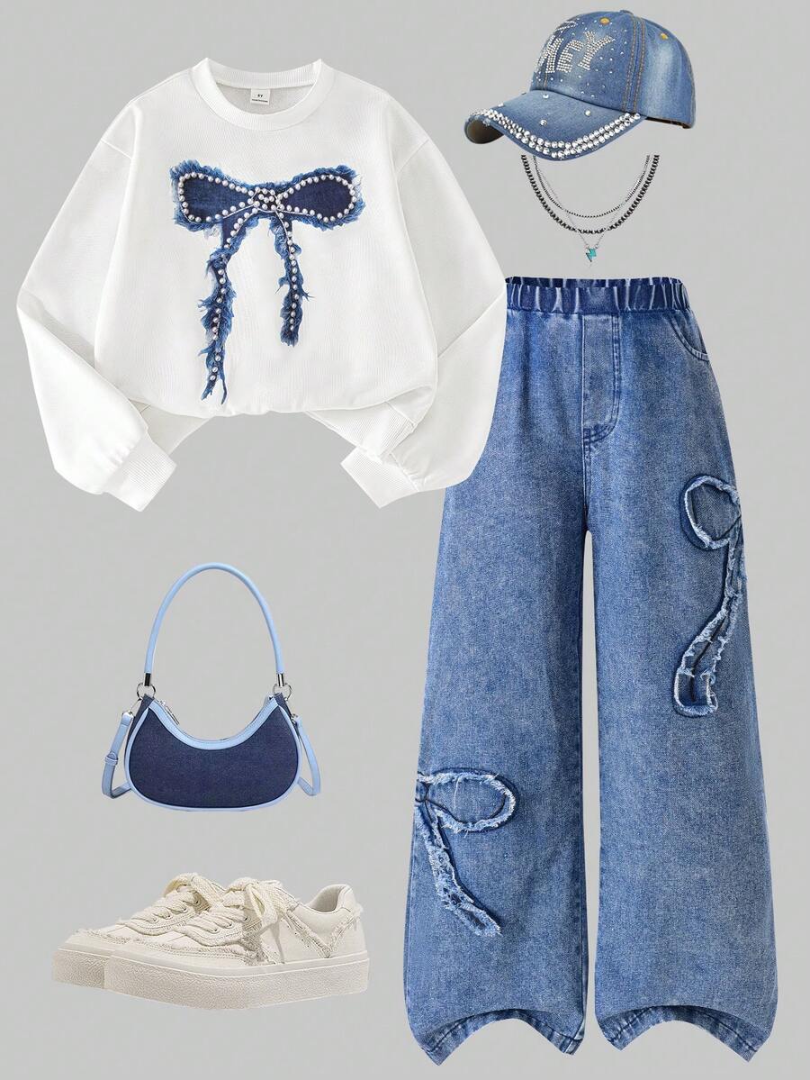 Sparklyn Girls White Sweatshirt & Denim Pants With Bow, Autumn/Winter - Blue and White - View 1