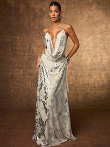 Hauture 女式性感外出侧系带雪纺金箔纹理长裙 - 杏色 - 查看 1