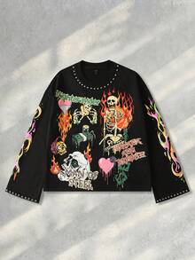 ROMWE MEN Street Life Áo nỉ cổ tròn tay dài in họa tiết bộ xương Halloween thường ngày cho nam, mùa thu, mùa thu - màu đen - Xem 1