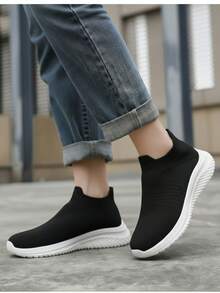 Tenis tipo calcetín para mujer estilo urbano minimalista empeine tejido corte holgado caña alta sin mangas primavera verano casual deportivo - Negro - Ver 1