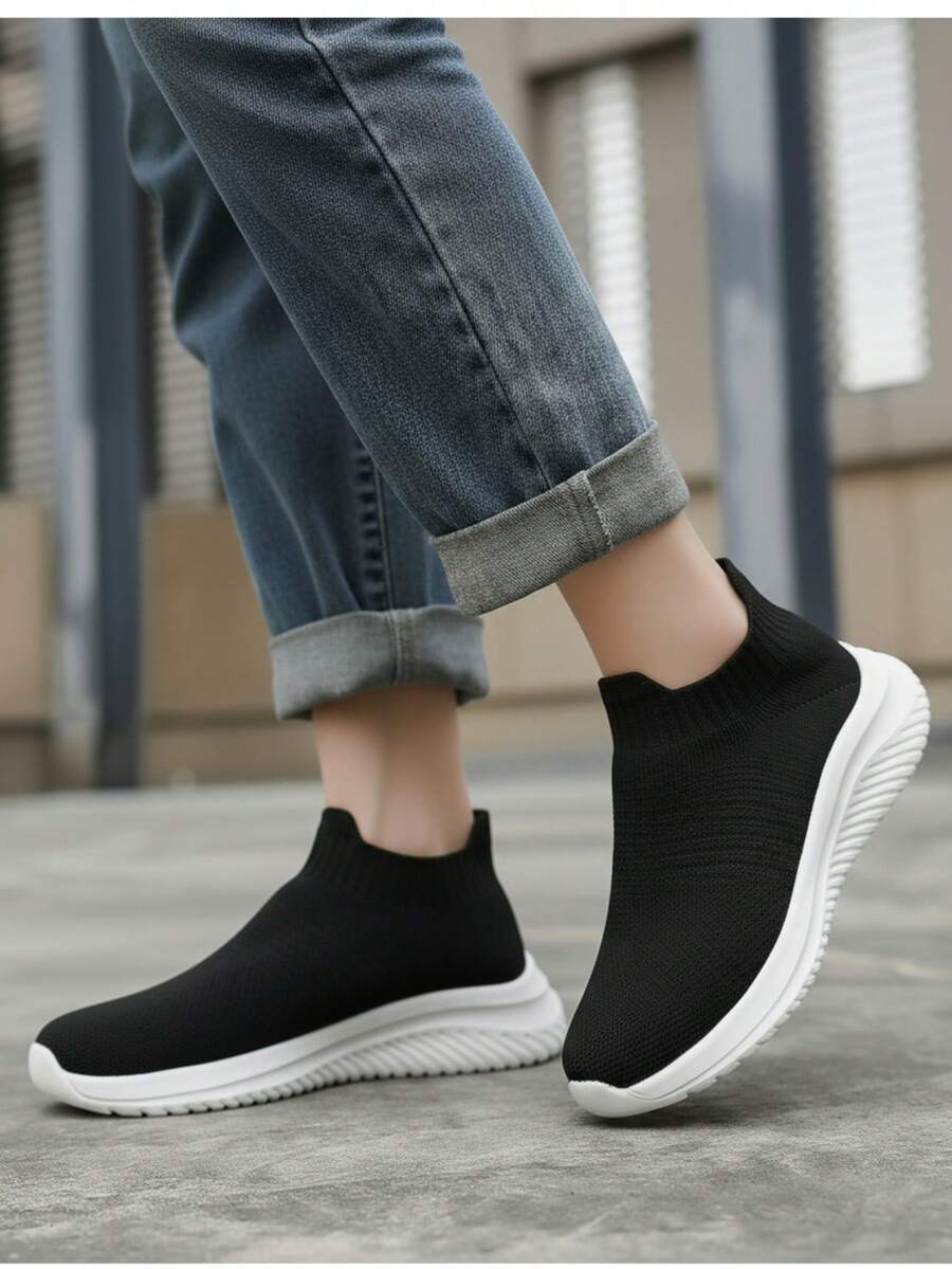 Tenis tipo calcetín para mujer estilo urbano minimalista empeine tejido corte holgado caña alta sin mangas primavera verano casual deportivo - Negro - Ver 1