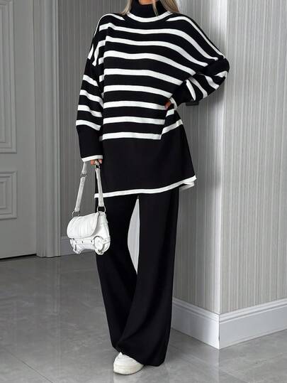 EURMUSE Casual Colorblock Striped Turtleneck Sweater And Knit Pants Set, Autumn/Winter