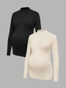 Modmama 2件装孕妇休闲纯色立领长袖T恤孕妇装2件装孕妇高领上衣女式高弹力孕妇装 - 彩色 - 查看 11