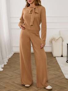 EURMUSE 别致的棕色针织开衫，配蝴蝶结细节 - 駝色 - 查看 3