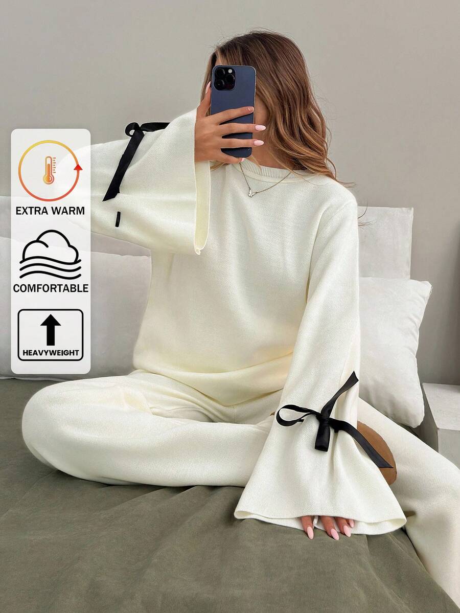 EURMUSE Ensemble tricoté 2 pièces pour femmes en tenues d'automne/hiver : pull col rond décontracté à manches ballons de couleur blanc pur avec ruban de couleur contrastante aux poignets et pantalon en tricot de couleur unie à jambes larges