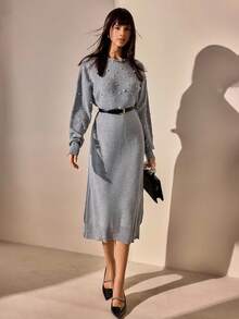 CLARA VERO Damen einfarbiges Minikleid mit Rundhalsausschnitt, Perlenverzierung und Drop Shoulder-Ärmeln - Hellgrau - Übersicht 4