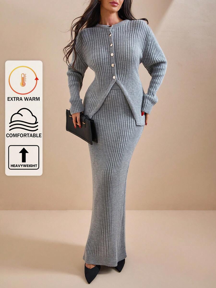 EURMUSE Conjunto de cardigan y falda de punto con botones frontales, de unicolor para mujer - Gris - Ver 1