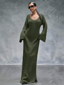 EURMUSE Casual Deep V Neck Solid Color Plain Pattern Drop Shoulder Double Cuff Oversize Fit Cozy Maxi Knitted Dress For Winter Daily Styles - Army Green - View 3