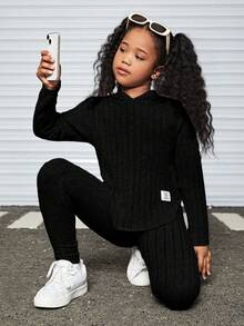 Slogan Patched Drop Shoulder Hooded Tee & Leggings - Black - View 6