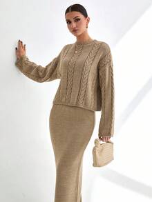 CLARA VERO Women Cable Knit Textured Pattern Pullover Sweater And Maxi Skirt Knit Two Piece Set,Co Ord,Winter Clothes - Cream - View 3