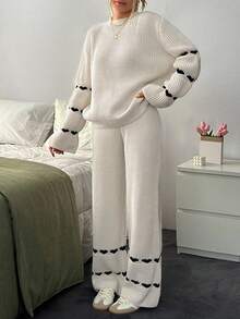 SHEIN Women Sweater With Heart And Pant 2 Pieces - Beige - View 3
