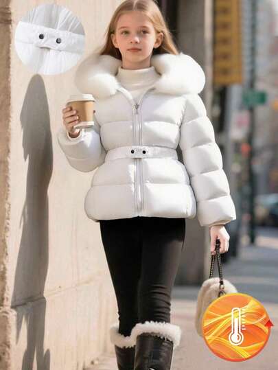 SHEIN Tween Girls' Fashionable Thickened Hooded Cinched Waist Padded Coat, Suitable For Casual Everyday Wear In Autumn/Winter