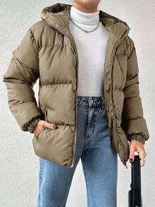 EURMUSE 女式休闲纯色拉链连帽长袖棉服外套，秋冬 - 米色 - 查看 4