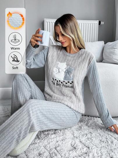 2 pezzi Set pigiama da donna in tessuto morbido con dettagli in maglia a costine e ricamo di gatto cartoni animati