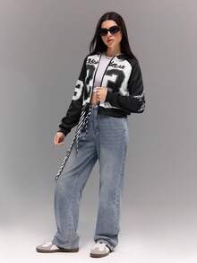 Teen GirlCasual Brand Knitted Digital Positioning Letter Hooded Raglan Sleeve Positioning Star American Retro Versatile Patchwork Zip-Up Jacket - Multicolor - View 5