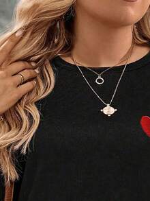 EMERY ROSE New Arrival Plus Size Women Fashion Heart Print Round Neck Long Sleeve Dress - Black - View 6