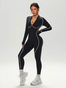 Dewbera Seamless High Elasticity Workout Jumpsuit, Fitness Outfit With Long Sleeve And Long Pants, Zipper Closure Backless Activewear Jumpsuit