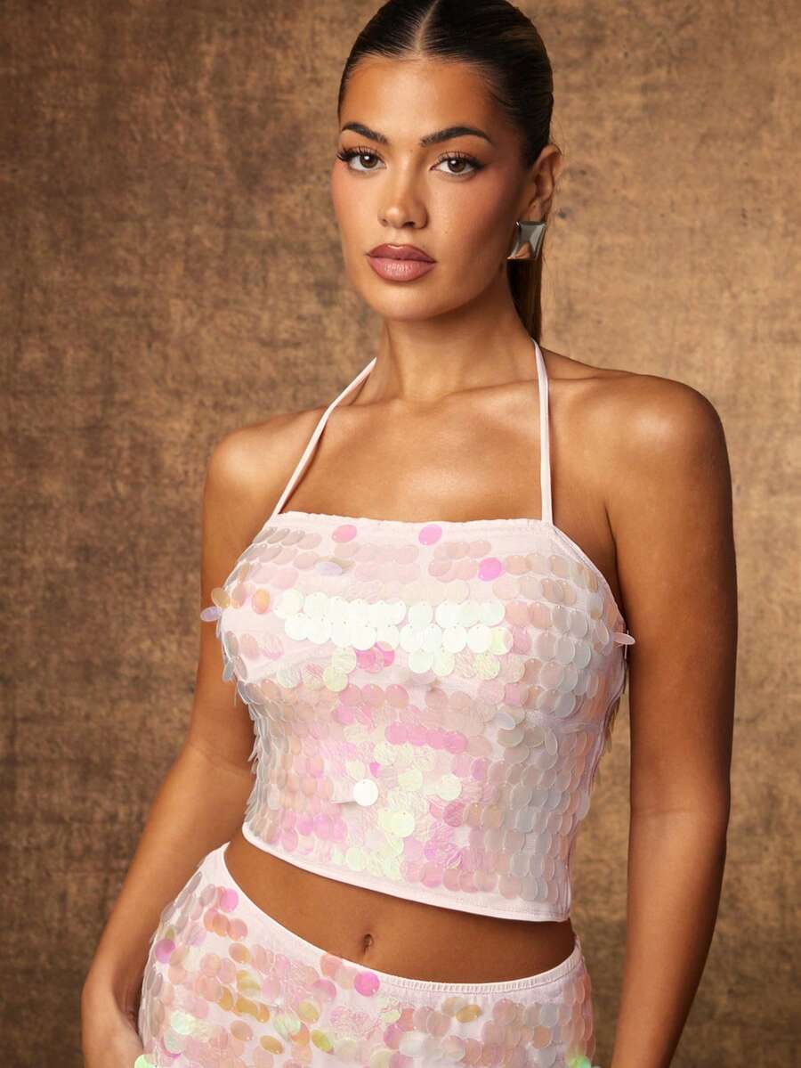 Hauture Sexy Pink Sequin Cami Top – Party & Night Out Bodycon Top For Going Out & Holiday