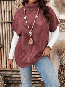 Plus Size Solid Color Turtleneck Batwing Sleeve Knit Top, Casual For Autumn/Winter - Dusty Pink - View 1