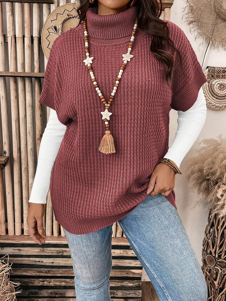 Plus Size Solid Color Turtleneck Batwing Sleeve Knit Top, Casual For Autumn/Winter - Dusty Pink - View 1