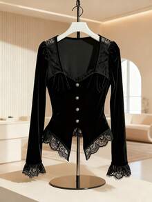 Franclia Áo thun nữ tay dài cổ bẻ phối ren màu đen thời trang trở lại trường học dành cho giáo viên - màu đen - Xem 1