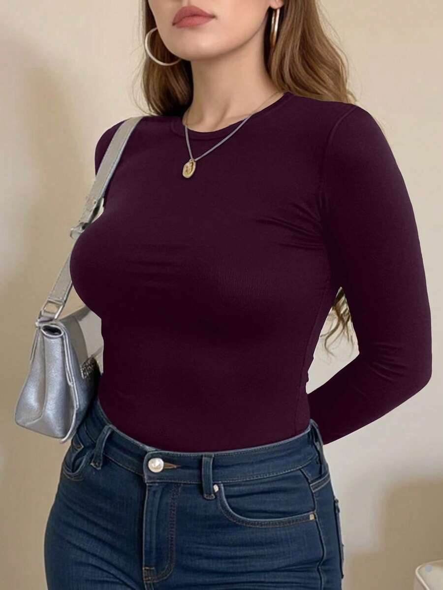 INAWLY 深紫色加大码女式修身长袖圆领T恤 - 紫羅蘭色 - 查看 1