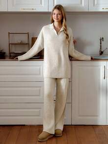EURMUSE WOMEN Two Pieces POLO COLLAR SET – SAND BEIGE ACRYLIC SIDE SLIT LOOSE FIT TOP + WIDE LEG TROUSERS – FW'25 RELAXED CASUAL CHIC STYLE Loungewear Sets Women Coords Sets Women Comfy Set Loungewear Women Knit Set,Petite,Winter Clothes - Beige - View 4