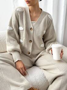 EURMUSE Women Hairy Yarn Cloud Pattern V-Neck Front Button Drop Shoulder Chunky Cardigan Sweater Pants Set Brunch Beige Autumn Casual Cute - Apricot - View 2