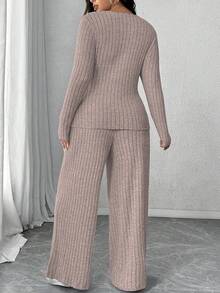 Calvaya Plus Size Soft Knit Ribbed Fabric Criss-Cross Long Sleeve T-Shirt + Soft Ribbed Wide Leg Pants Casual Homewear 2 Pieces Set - Pink - View 2