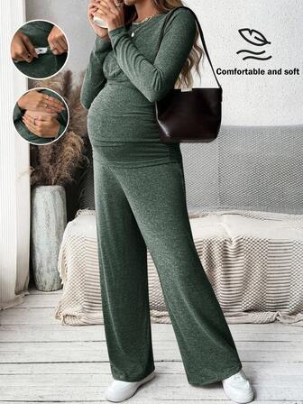 MaterniWear Round Neck Long Sleeve Knit T-Shirt And Adjustable Waist Straight Leg Pants, Women Straight Leg Pants, Autumn Set, Loose Fit Set, Suitable For Baby Shower Gift Maternity Clothes Two Piece Sets Maternity Matching Sets Maternity Two Piece Sets Pregnancy Pants