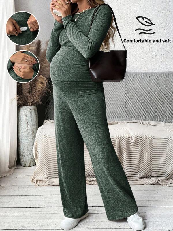 MaterniWear Round Neck Long Sleeve Knit T-Shirt And Adjustable Waist Straight Leg Pants, Women Straight Leg Pants, Autumn Set, Loose Fit Set, Suitable For Baby Shower Gift Maternity Clothes Two Piece Sets Maternity Matching Sets Maternity Two Piece Sets Pregnancy Pants