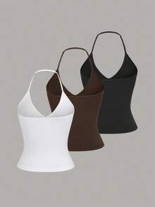 Sweetra 3pcs Women's Sleeveless Solid Color Camisole Set With Adjustable Spaghetti Straps, Versatile - Multicolor - View 2