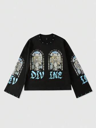 Goth Camiseta de manga larga con estampado de diamantes brillantes para hombre, corte holgado y acortado, otoño