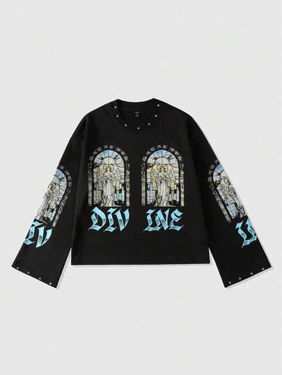 Goth Men Glitter Diamond Religious Print Long Sleeve Top, Loose Cropped Fit, Fall