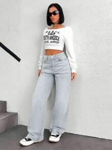 SHEIN Cottnline Low Waist Back Jacron Detailed Wideleg Jean - Baby Blue - View 7
